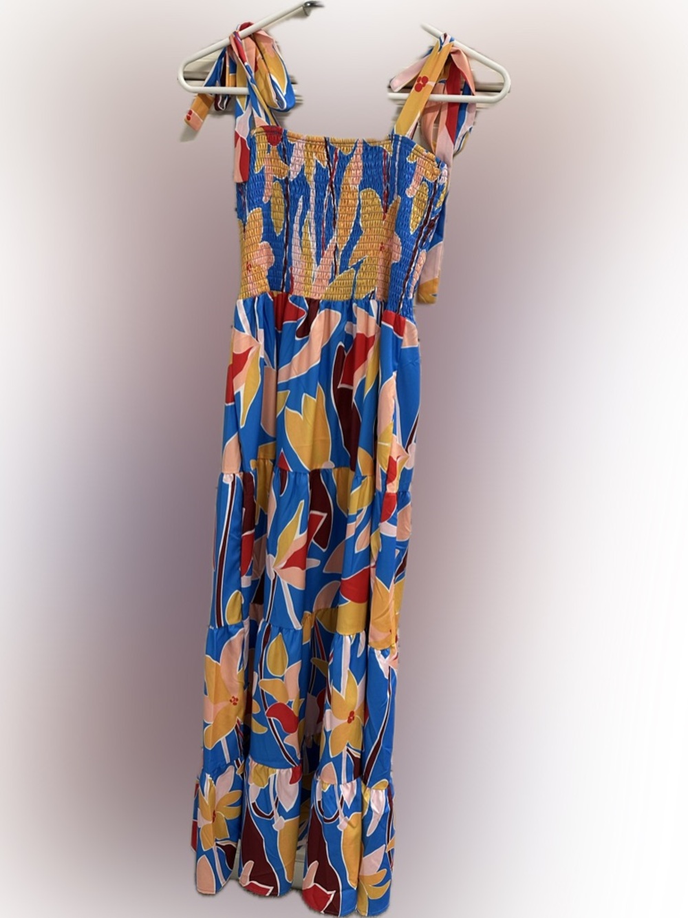 Bright Blue Floral Tiered Maxi Dress with Smocked Bodice and Tie Straps